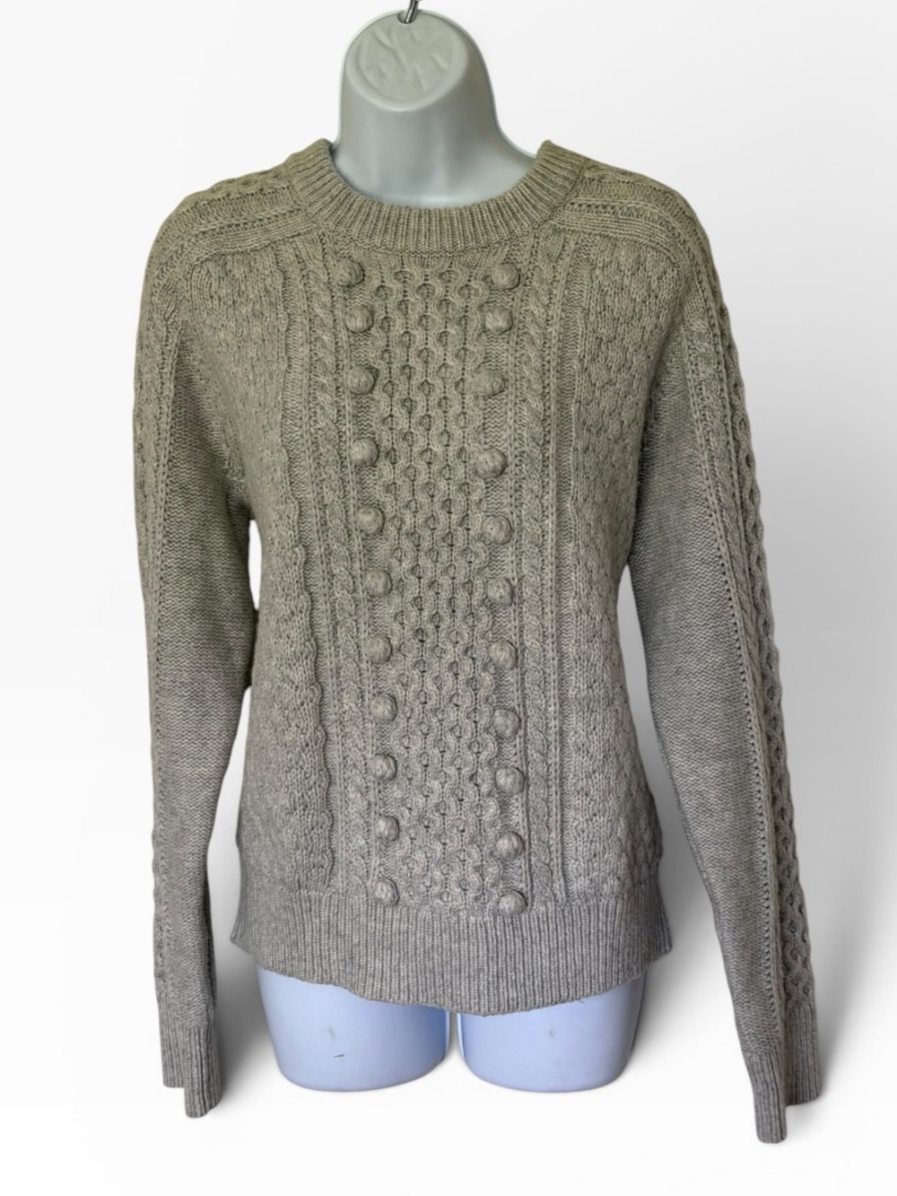 New J. Crew Cable knit popcorn Sweater Lambswool & nylon gray large fisherman